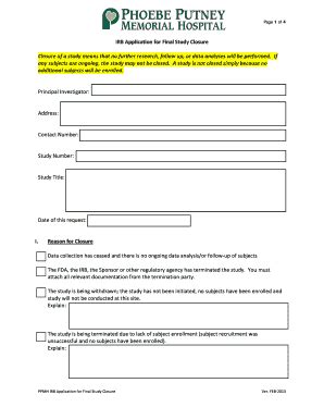 Fillable Online Irb Application For Final Study Closure Closure Of A