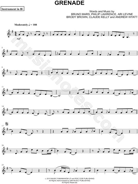 Bruno Mars Grenade Bb Instrument Sheet Music Trumpet Clarinet