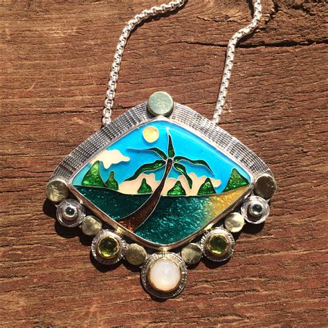 Custom Made Cloisonne Enamel Necklace Tropical Beach Scene Necklace