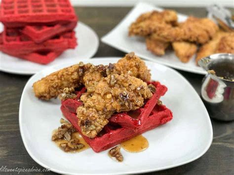 Spicy Buttermilk Fried Chicken And Red Velvet Waffles With Spicy Butter Pecan Syrup A Lil