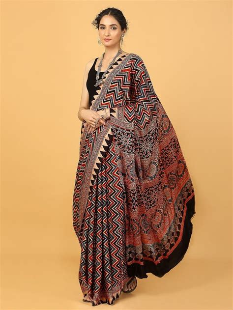 Buy Red Ajrakh Printed Modal Silk Saree Online At Theloom