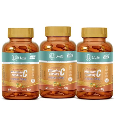 3x Vitamina C 1000Mg 10Mg Zinco 60 Cápsulas 180 Cps Submarino