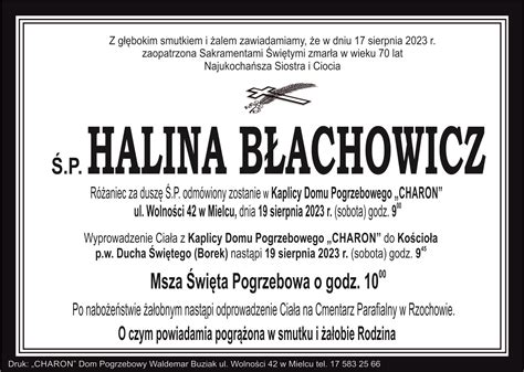 Śp Halina Błachowicz Dom Pogrzebowy Charon Waldemar Buziak