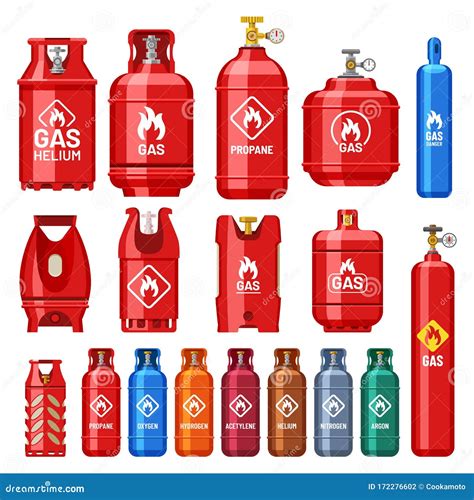 Different Gas Cylinders With Valve And Meter Gauge Stock Vector