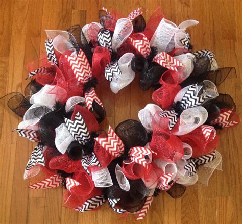 Red White And Black Mesh Wreath With Black Chevron And Red Chevron