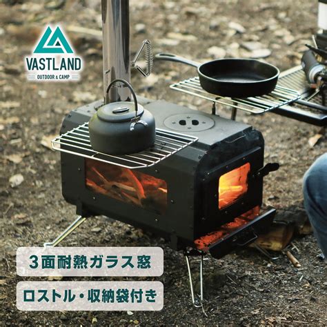 【楽天市場】【15日はポイント10倍】vastland 薪ストーブ キャンプ用 焚き火ストーブ 耐熱塗装 3面ガラス窓 煙突 底網付き