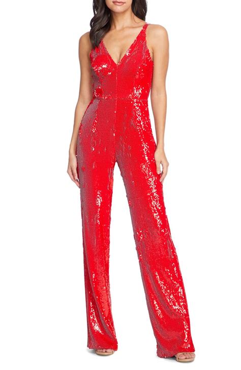 Womens Dress The Population Charlie Sequin Jumpsuit Size Large Red Dress The Population