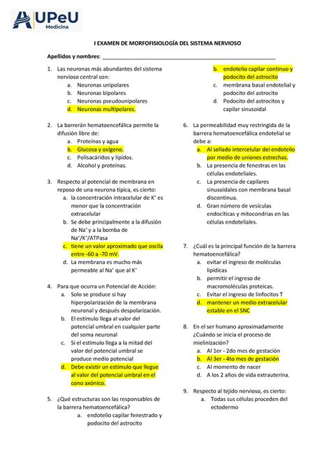 Examen De Morfofisiolog A Del Sistema Nervioso I Examen De