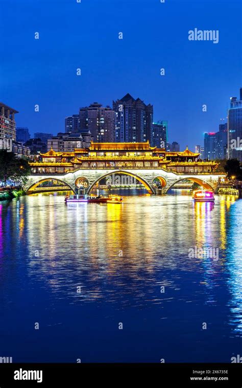 Chengdu Anshun Bridge Over Jin River With Pagoda At Night Twilight