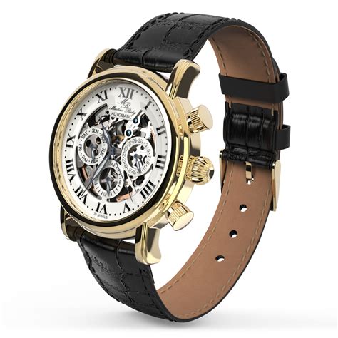 Skeleton Automatic Black Leather White Dial Gold Edition – Markus Ruby Watches