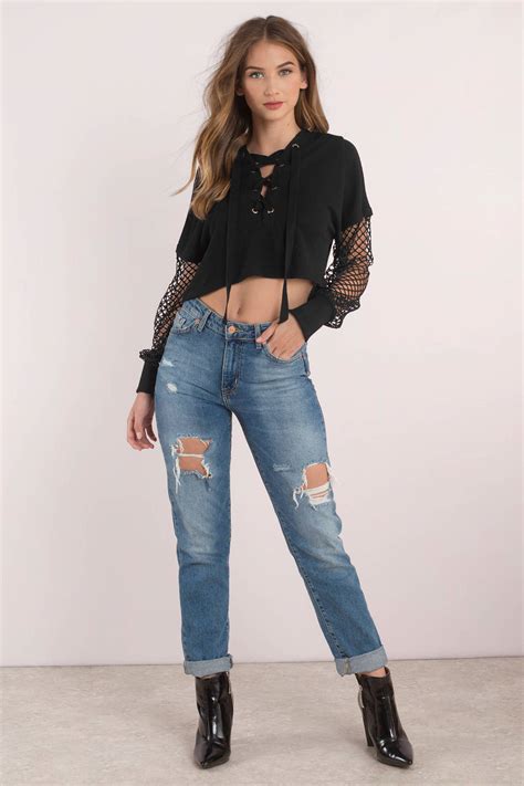 Go Fishnet Lace Up Crop Top In Black 58 Tobi US