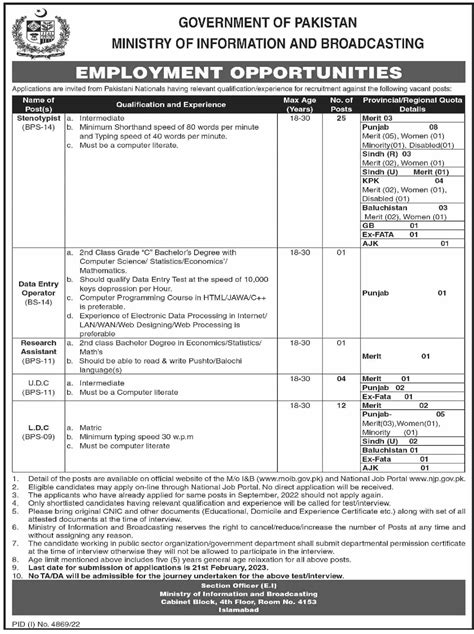 Ministry Of Information And Broadcasting Islamabad Jobs 2023