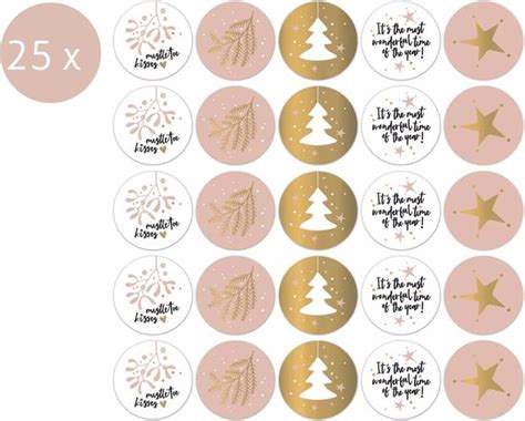 25 X Grote Kerst Cadeaustickers Roze Goud Wit Sluitzegel