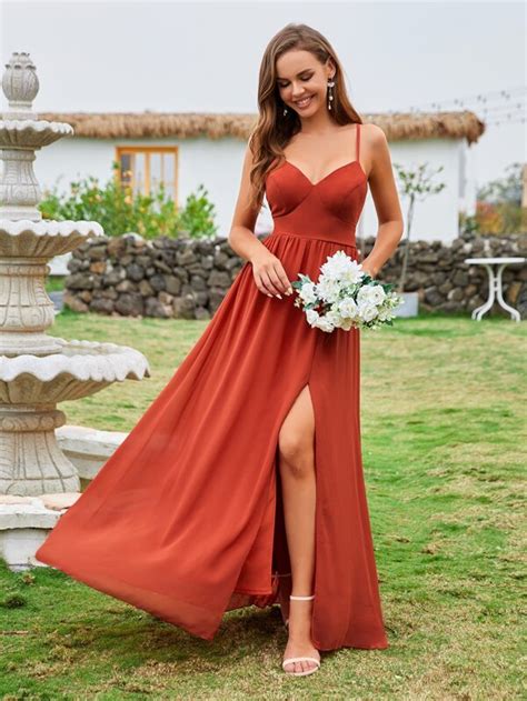 Criss Cross Back Split Thigh Cami Bridesmaid Dress Shein Usa