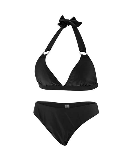 Ring Accents Triangle Halter Bikini Set Sexy Solid Brazilian Swimsuit For Women Black