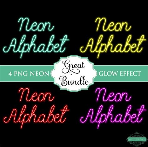 Neon Script Line Glow Effect Bundle 4 Colors Alphabet PNG Clip Art