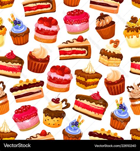 Cakes desserts and pastry sweets seamless pattern Vector Image