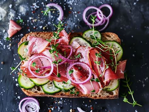 A Traditional Danish Smørrebrød Sandwich with Raw Ham and Pickled