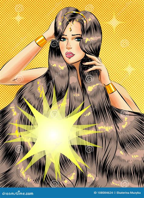 Vector a Menina Bonita Do Pop Art Cabelo Lustroso Longo Ilustração