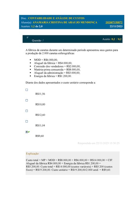 Exercicio 2 Av1 Resumo Contabilidade De Custos Disc Contabilidade