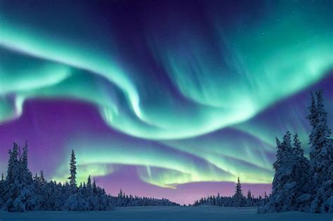 Luces Del Norte Sobre El Bosque Aurora Boreal Con Estrellas En El