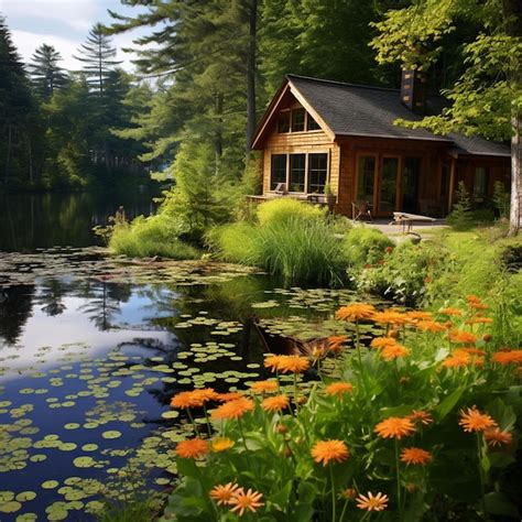 Premium Photo A Serene Lakeside Cabin Surrounded By Lush Greenery