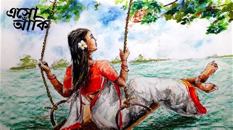 How to draw a girl is swinging on a cradle color it একট ময