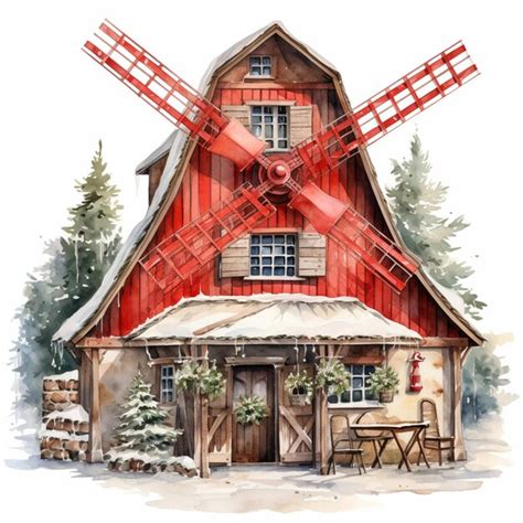 Premium Photo Arafed Red Barn With A Red Windmill And A Table And