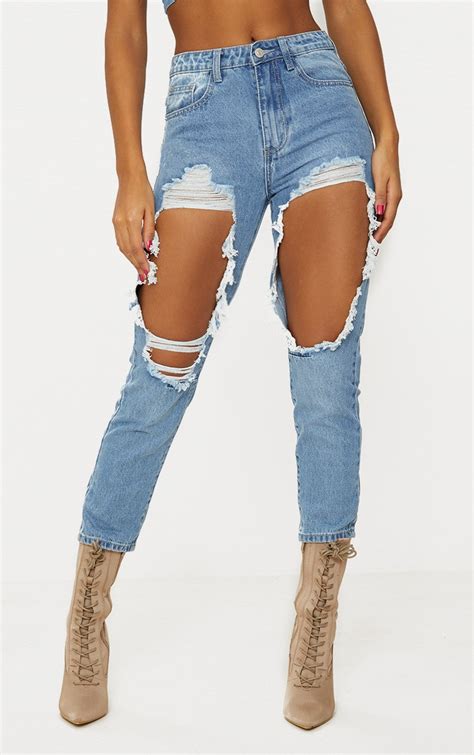 Mid Wash Boyfriend Extreme Rip Jean Denim Prettylittlething