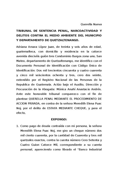 Querella Nueva Querella Nueva TRIBUNAL DE SENTENCIA PENAL