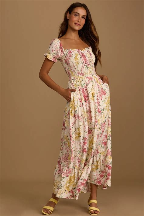 Always So Sweet Cream Floral Smocked Puff Sleeve Maxi Dress Maxi