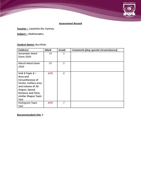 Assessment Record Template Pdf Area Quadratic Equation