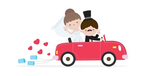 Just Married Couple In Wedding Car Bride And Groom On A Roadtrip In