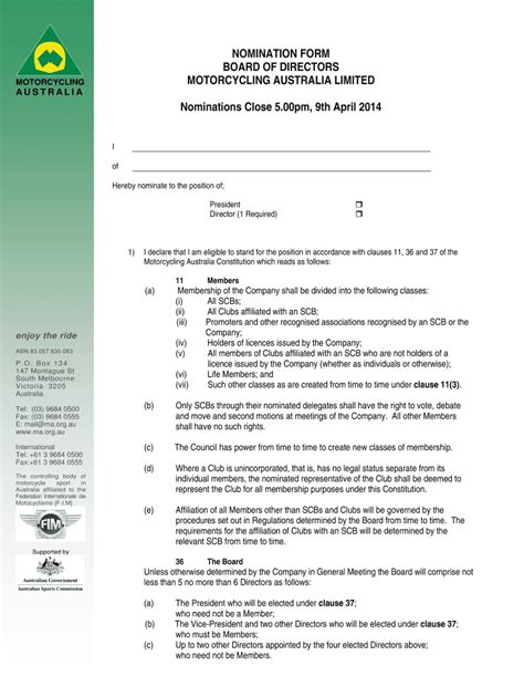 Fillable Online NOMINATION FORM BOARD OF DIRECTORS MOTORCYCLING