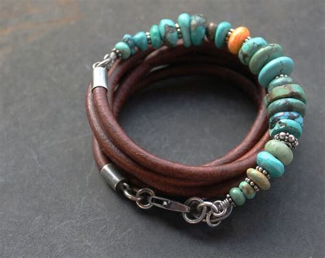 Pulsera De Cuero Turquesa Bohemia Boho Envolver Ostra Espinosa