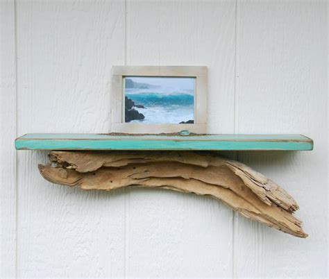 Distressed Driftwood Shelf Teal Beach Shelf With