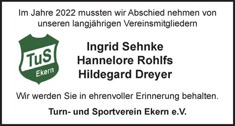 Traueranzeigen Von Turn Und Sportverein Ekern E V Nimmt Abschied Von