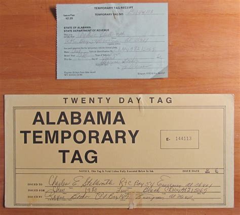 Alabama 1990 TEMPORARY TWENTY DAY TAG License Plate WITH RECEIPT E