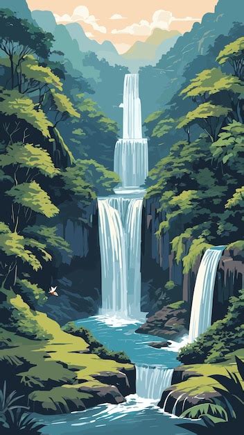 Premium Vector Waterfall Landscape Drawing Cartoon Artwork Vector