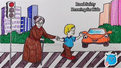 City Road Safety Drawing for Kids-How to Draw Scenery of a Kid Helping ...