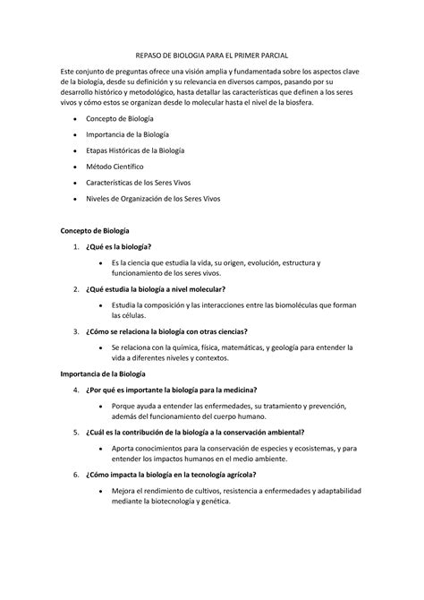 Repaso DE Biologia PARA EL Primer Parcial REPASO DE BIOLOGIA PARA EL