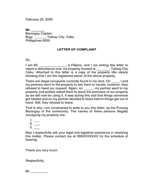 Complaint Letter To Barangay Pdf