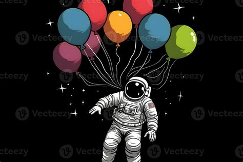 Astronaut Cartoon Floating With Balloon Planet In Space Background