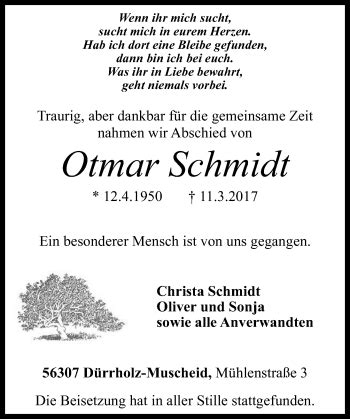 Traueranzeigen Von Otmar Schmidt Rz Trauer De