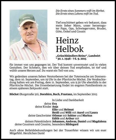 Todesanzeigen Von Heinz Helbok Todesanzeigen Vorarlberger Nachrichten