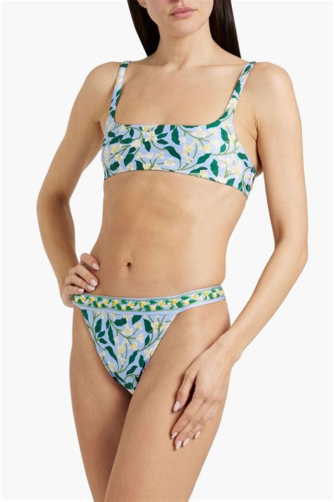 AGUA BY AGUA BENDITA Lluvia Dos Gardenias Celeste Embellished Floral Print Mid Rise Bikini