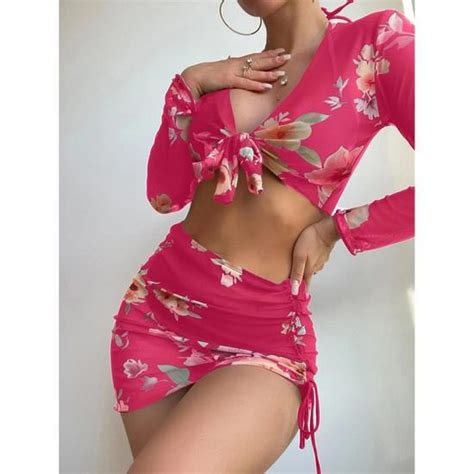 Maillot De Bain Imprim Quatre Pi Ces Bikini Lac Manches Longues