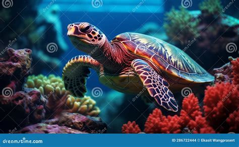 Coral Reef With Wild Sea Turtle And Fish Tropical Ocean Underwater