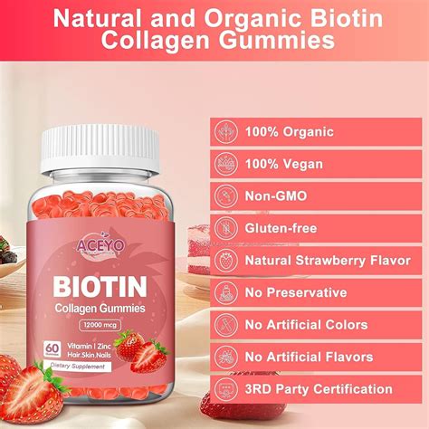 Aceyo Organic Biotin Collagen Gummies 12000mcg For Hair Growth With Zinc Women Men Skin And