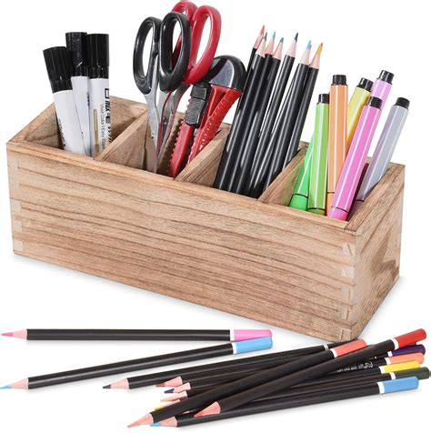 Porte Stylo Bois Porte Crayon Bureau avec 4 Compartiments Réglables